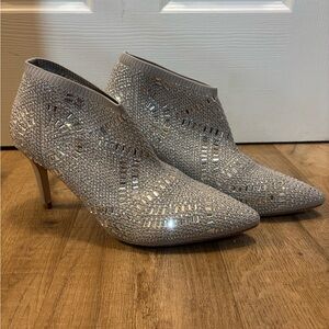 Glittering Crystal Accent Silver Ankle Heeled Boots